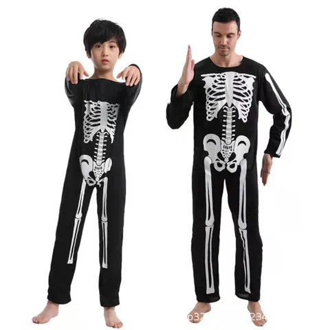 Mono de Esqueleto de Halloween Disfraz de Cosplay Huesos de Terror Estampado Manga Larga Body Traje de Fiesta Para Adultos Niños