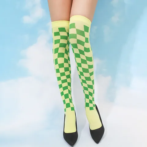 Women's Fashion Checkerboard Print Over Knee Long Stockings Trendy Geometric Pattern High Tube Stockings Hosiery