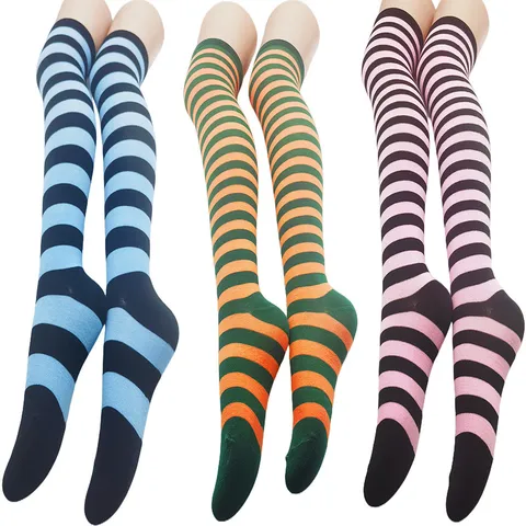 Chaussettes Hautes Rayées pour Femmes Bas Longs Cuisse Cosplay Anime Japonais Fête Vêtement Quotidien