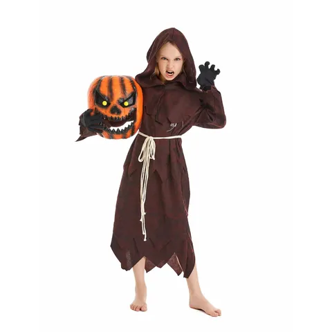 Costume de Cosplay d'Halloween pour Enfants Épouvantail Effrayant Tête de Citrouille Longue Robe Avec Masque Fête Déguisée
