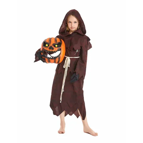 Costume de Cosplay d'Halloween pour Enfants Épouvantail Effrayant Tête de Citrouille Longue Robe Avec Masque Fête Déguisée