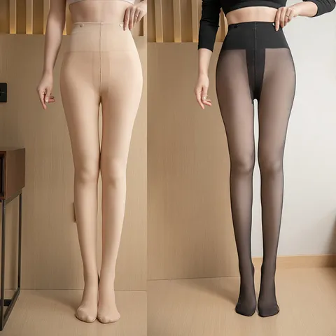 Damen Winter Fleecegefüttert Scheinbar Durchsichtig Strumpfhose Warme Nackte Beine Artefakt Thermische Leggings Hohe Taille Formend