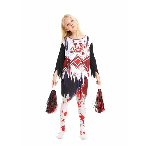 Girls Zombie Cheerleader Costume Halloween Horror Cosplay Dress Long Sleeve Bloody Party Outfit With Pom-poms