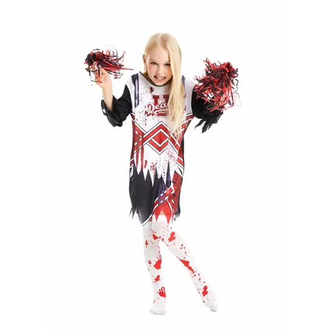 Girls Zombie Cheerleader Costume Halloween Horror Cosplay Dress Long Sleeve Bloody Party Outfit With Pom-poms