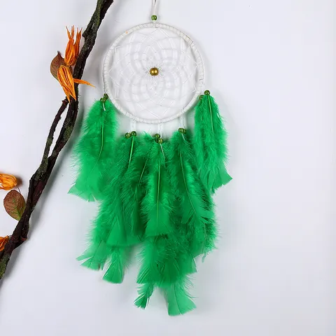 Handmade Bohemian Feather Dream Catcher Wall Hanging Wind Chime Green Woven Net Home Decor Bedroom Wall Ornament