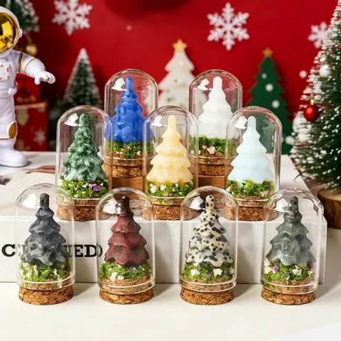 Natural Crystal Christmas Tree Wishing Bottle Ornament Glass Dome With Wood Base Handmade Desktop Decoration Holiday Gift