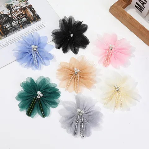 Halbtransparentes Mesh Blumen Perlen Strass Quaste Brosche Flicken DIY Bekleidungszubehör Kleidung Dekoration
