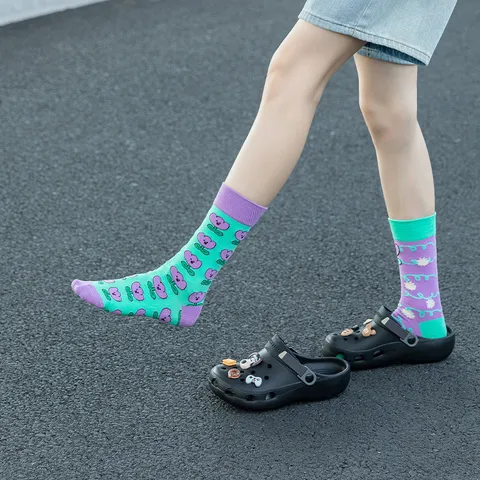 Asymmetric AB Cartoon Jacquard Mid-Calf Socks Breathable Cotton Trendy Socks For Men Women Casual Daily Wear Animal Pattern
