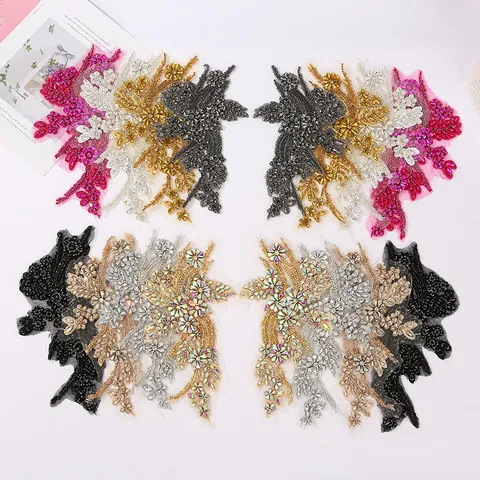 Handgemaakte Strass Kant Bloem Applique Patches Paar DIY Trouwjurk Kleding Naaien Trims Accessoires