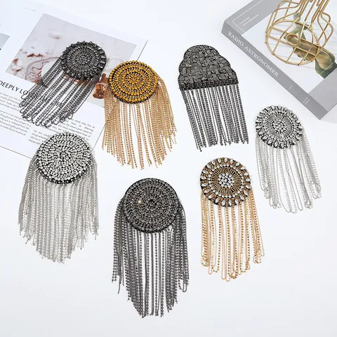 Vintage Strass Quasten Epauletten Handgemachte Kristall Kette Schulter Brosche Abzeichen Kleidung Zubehör