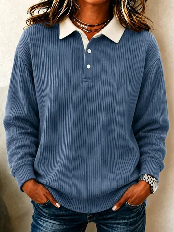 Women Ribbed Knit Polo Shirt Contrast Collar Long Sleeve Casual Top Buttons Slim Fit Polyester Pullover Blouse