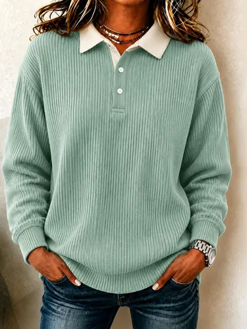 Women Ribbed Knit Polo Shirt Contrast Collar Long Sleeve Casual Top Buttons Slim Fit Polyester Pullover Blouse