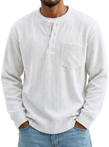 Camisa Henley de Manga Larga de Pana para Hombre Corte Holgado Americano Color Sólido Polo Casual con Bolsillo en el Pecho Camisa de Poliéster