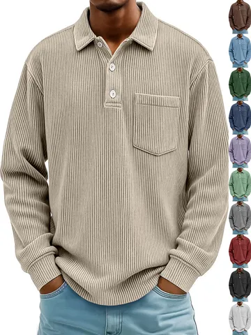 Polo Décontracté pour Homme en Velours Côtelé Manches Longues Coupe Ample Avec Poche Poitrine Col Rabattu Vintage Vêtements pour Hommes