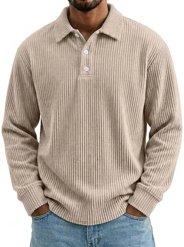 Polo Homme en Velours Côtelé Manches Longues Vintage Coupe Large Polyester Revers Boutonné Lavé Décontracté Couleur Unie