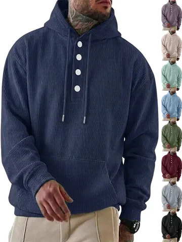 Sweat à Capuche Décontracté en Velours Côtelé pour Hommes Manches Longues Avec Cordon Patte de Boutonnage Poche Kangourou Couleur Unie