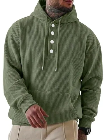 Sweat à Capuche Décontracté en Velours Côtelé pour Hommes Manches Longues Avec Cordon Patte de Boutonnage Poche Kangourou Couleur Unie