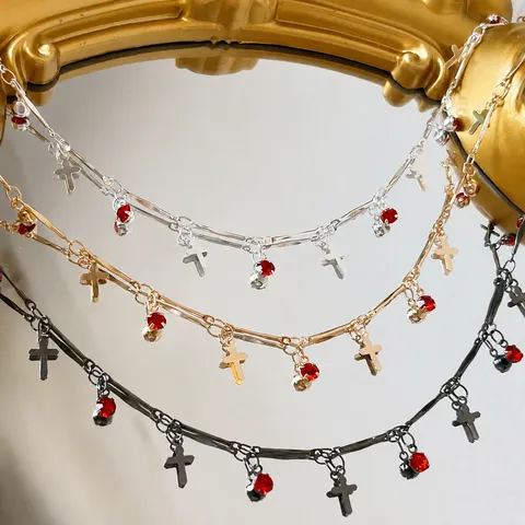 Catena in Rame Croce Nappa Materiale per Artigianato Fai da Te Strass Rossi e Bianchi Accessori per Gioielli in Metallo