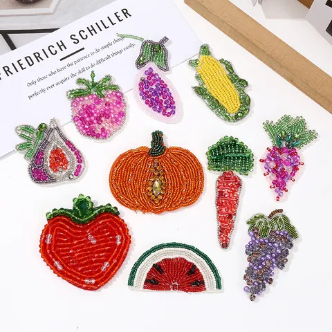 Handgemachte Perlen Obst Und Gemüse Stoff Aufnäher Bunte Strass Zum Aufnähen Für DIY Kleidungsstücke Taschen Zubehör