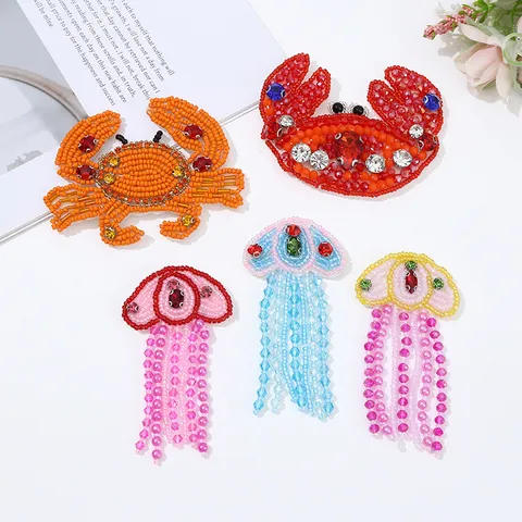 Parches de Tela con Abalorios y Borlas Hechos a Mano Cangrejo Medusa Strass Decorativo DIY Aplicación Para Sombreros Bolsos Ropa