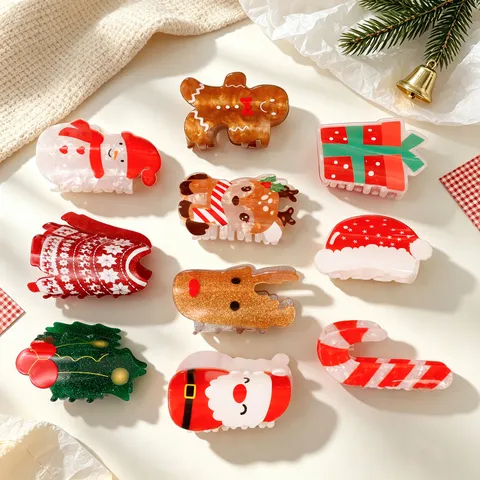 Fermaglio per Capelli Cartone Animato di Natale Acrilico Fiocco di Neve Omino di Pan di Zenzero Babbo Natale Accessorio Festivo per Donne