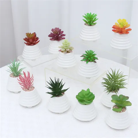 Artificial Succulent Plant Potted Fake Succulents with White Ribbed Ceramic Pot Faux Greenery Tabletop Decor