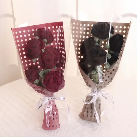 Handmade Knitted Wool Yarn Rose Flower Bouquet Artificial Flower Gift For Valentine Day Home Wedding Decoration
