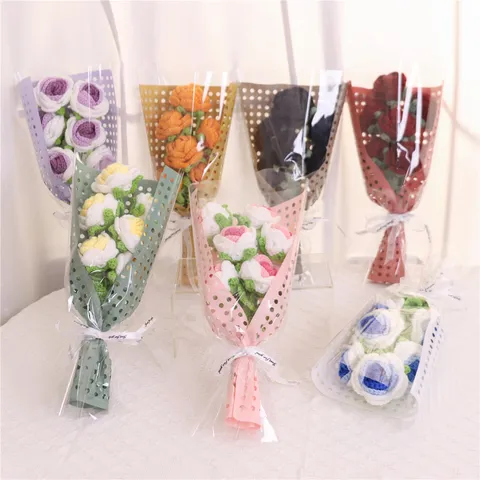 Handmade Knitted Wool Yarn Rose Flower Bouquet Artificial Flower Gift For Valentine Day Home Wedding Decoration