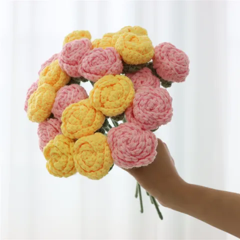 Handmade Knitted Wool Rose Artificial Flower Crochet Bubble Rose For Home Wedding Party Decor Craft