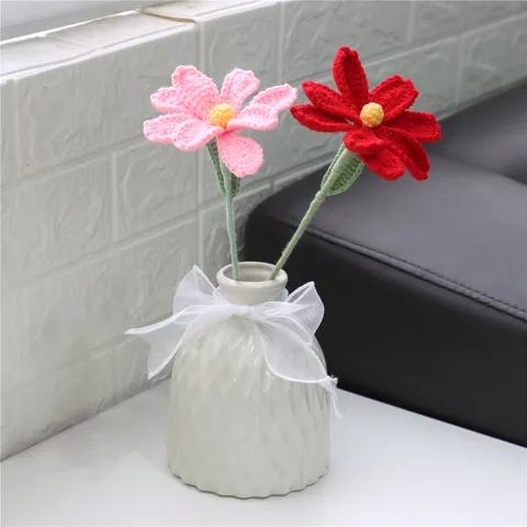 Handmade Crochet Yarn Flower Bouquet Artificial Cosmos And Lily Of The Valley Flowers Home Decor Craft