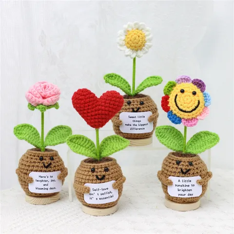 Handmade Crochet Knotted Yarn Flower Potted Plant Cute Smiley Face Pot With Wood Base Inspirational Card Desktop Decor
