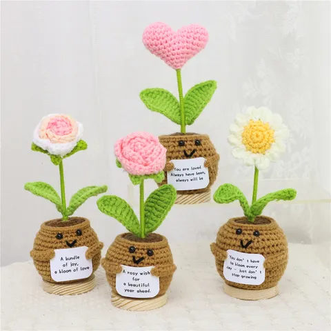 Handmade Crochet Knotted Yarn Flower Potted Plant Cute Smiley Face Pot With Wood Base Inspirational Card Desktop Decor