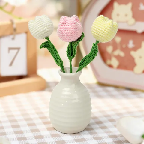 Handmade Crochet Yarn Tulip Daisy Pocket Bouquet Artificial Flower Knit Floral Home Room Decoration Gift