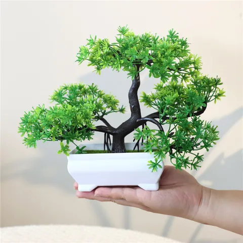Artificial Pine Tree Plastic Potted Plant Fake Greenery Bonsai Tabletop Home Office Room Decor Artificial Plant Ornament