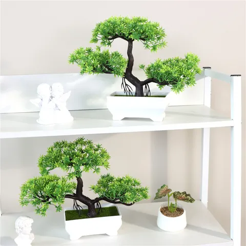 Artificial Pine Tree Plastic Potted Plant Fake Greenery Bonsai Tabletop Home Office Room Decor Artificial Plant Ornament
