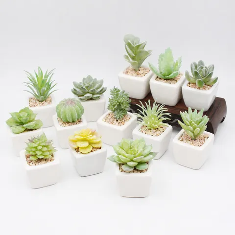 Artificial Succulent Potted Plant Mini White Square Ceramic Pot Fake Greenery Desktop Ornament Home Decor