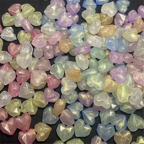 Cuentas de Corazón Acrílicas Facetadas Polvo de Oro Luminoso Agujero Vertical Accesorios de Joyería DIY para Cadena de Teléfono Llavero Manualidades