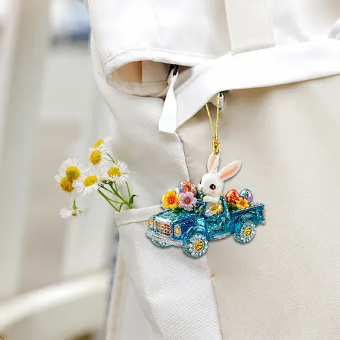 Easter Bunny Car Hanging Ornament Acrylic Flat Rhinestone Easter Egg Truck Pendant Backpack Bag Decor Gift