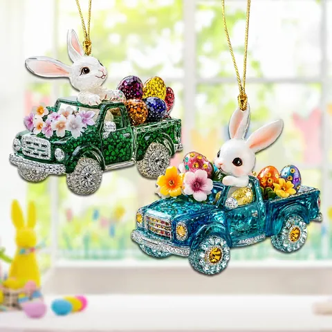 Easter Bunny Car Hanging Ornament Acrylic Flat Rhinestone Easter Egg Truck Pendant Backpack Bag Decor Gift