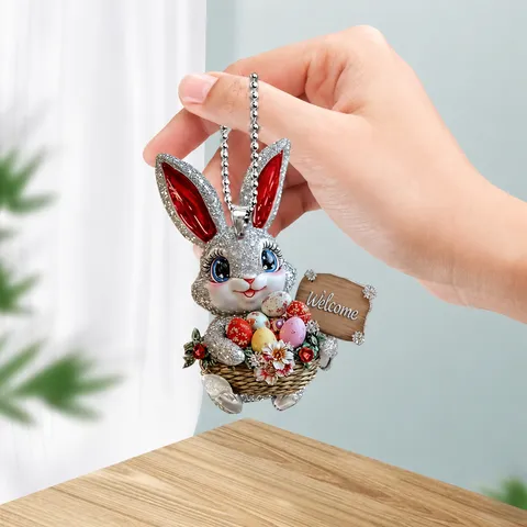 Pasen Acryl Cartoon Konijn Sleutelhanger Auto Achteruitkijkspiegel Hangende Hanger 2D Plat Strass Tas Ornament Cadeau