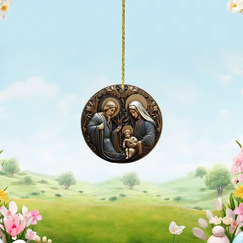 Acrylic Easter Round Pendant Keychain Religious Holy Family Vintage Style Decorative Hanging Ornament Gift
