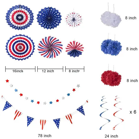 Set di Decorazioni per la Festa del Giorno dell'Indipendenza Americana Spirali Sospese Ventagli di Carta Ghirlanda di Stelle