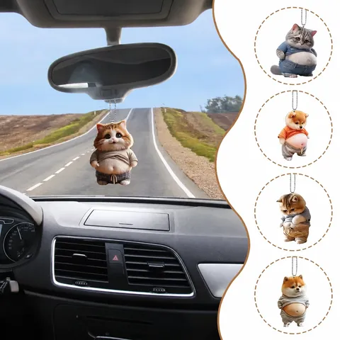 Simpatico Ciondolo per Specchietto Retrovisore Auto con Gatto e Cane Pancia Grande Piatto Acrilico Animale dei Cartoni Animati Ornamento Sospeso Decorazione Interni