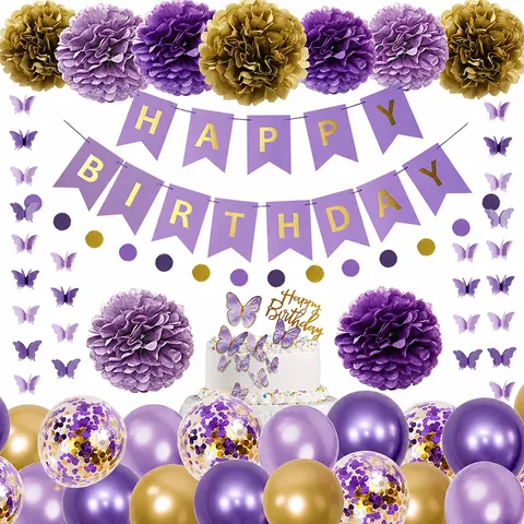 Purple Butterfly Birthday Party Decorations Set Banner Latex Balloons Paper Flower Balls Girl Birthday Party Supplies