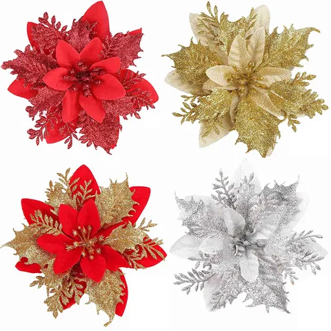 Fiore di Natale Artificiale Glitterato Doppio Strato Poinsettia Accessori per Ghirlanda Albero di Natale Decorazione per Feste a Casa