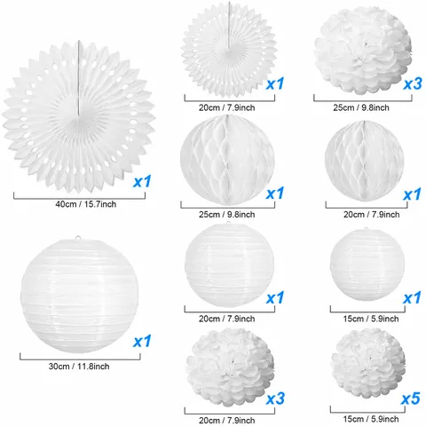 White Paper Fans Lanterns Honeycomb Balls Flower Balls Bunting Banner Set For Wedding Birthday Party Background Decor