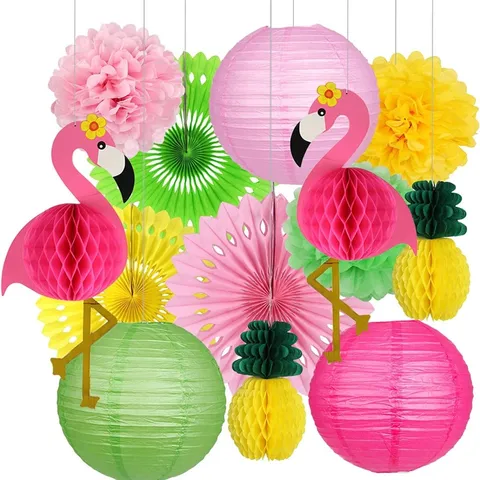 Set di Fiori in Carta a Ventaglio Fenicottero Hawaiano Palla a Nido d'Ape Ananas Lanterna di Carta Forniture per Decorazioni per Feste sulla Spiaggia Estive