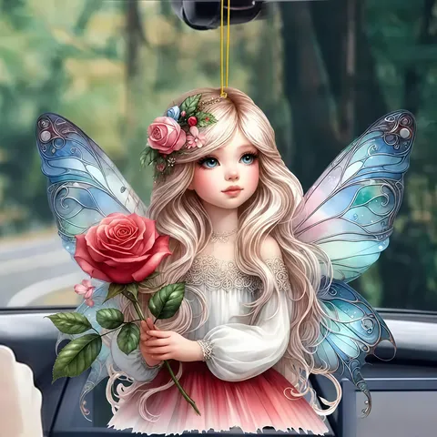 Acrylique Rose Ange Ailes de Fée Elfe Pendentif de Rétroviseur de Voiture Mignon Dessin Animé Porte-clés Ornement Suspendu Cadeau