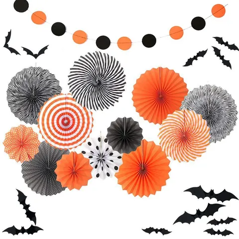 Halloween Fiori di Ventaglio di Carta 3D Pipistrello Adesivi Murali Ghirlanda Sospesa Decorazioni per Feste Finestra Soffitto Decorazione Set