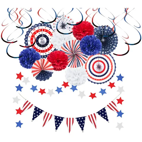 Set di Decorazioni per la Festa del Giorno dell'Indipendenza Americana Spirali Sospese Ventagli di Carta Ghirlanda di Stelle